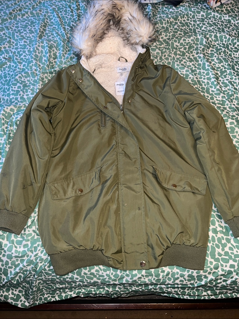 Charlotte Russe Olive Green Faux Fur Hooded Puffer Jacket